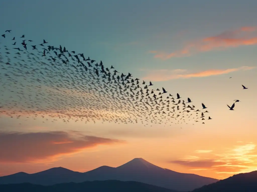 Un impresionante ballet aéreo de aves en vuelo sincronizado forma patrones fascinantes en un cielo pastel al atardecer