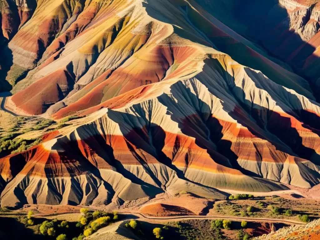 Una impresionante belleza de fallas geológicas en un paisaje terroso y dramático, con colores ricos y texturas detalladas