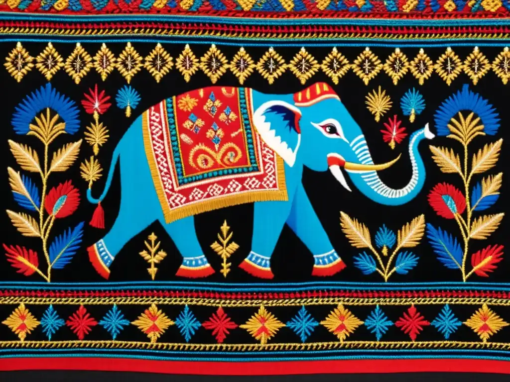 Un impresionante bordado Kasuti de Karnataka, con motivos tradicionales en rojo, azul y dorado sobre tela negra