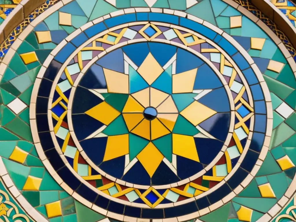 Una impresionante y colorida composición de mosaico árabe vintage, con diseños geométricos y colores vibrantes que cuentan historias de arte y cultura