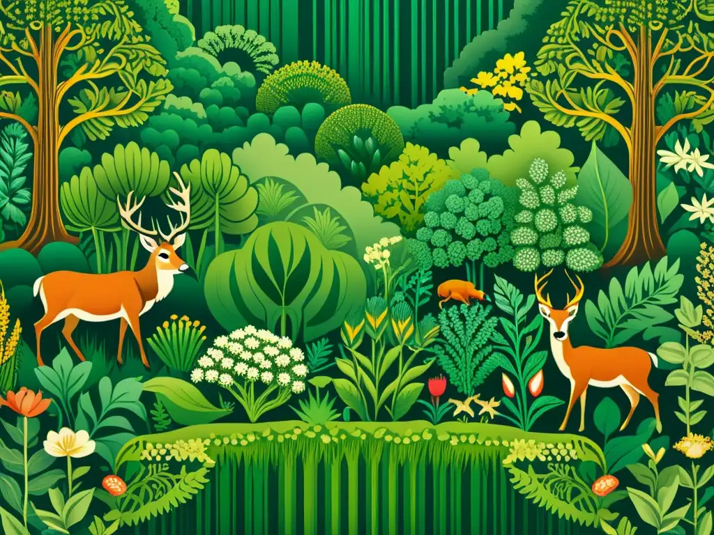 Un impresionante diseño de patrones inspirados en la naturaleza en una exuberante ilustración vintage de un bosque