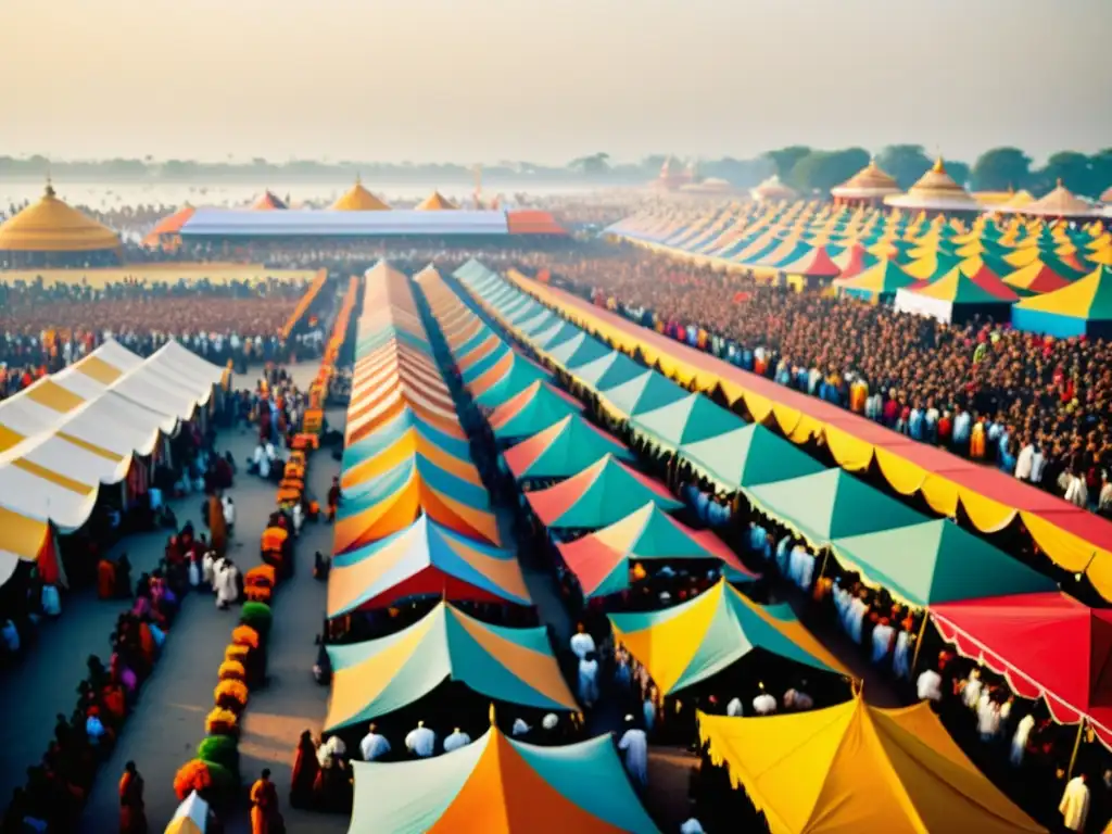 Una fotografía vintage impresionante del festival Kumbh Mela en India, capturando la Geometría Sagrada y la vibrante atmósfera cultural del evento