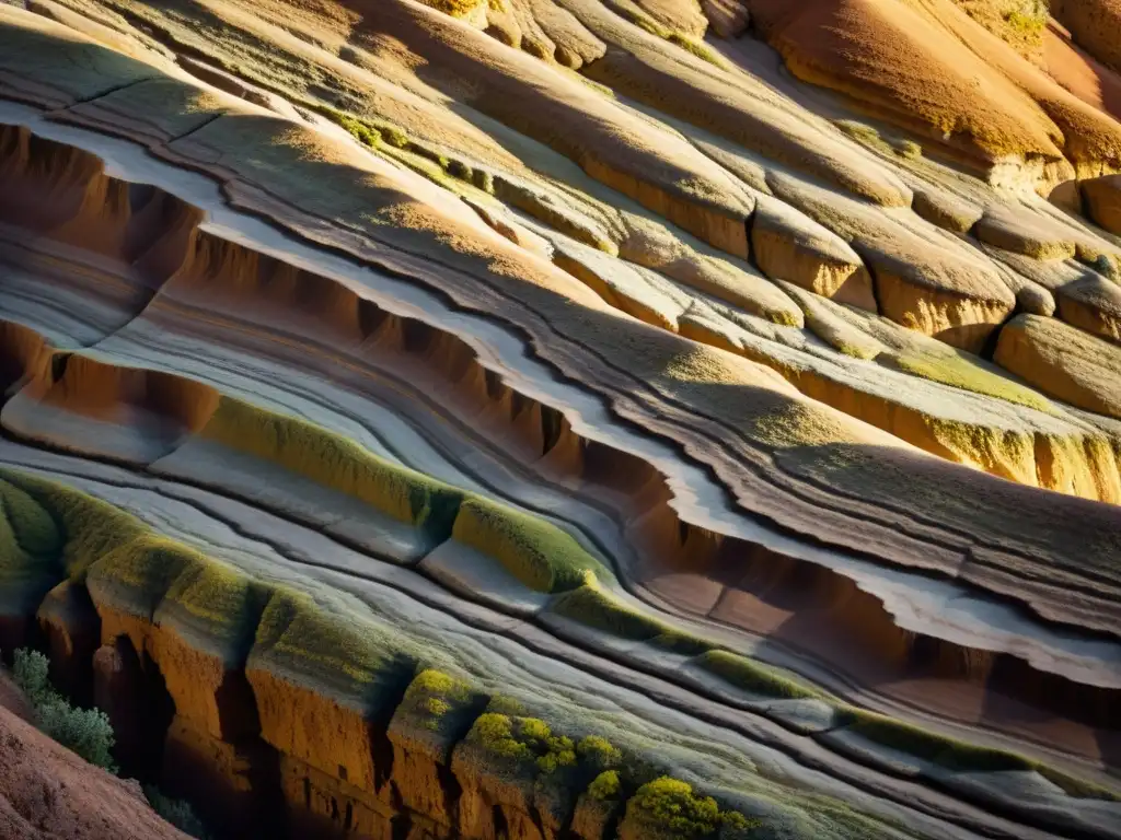 Una impresionante formación rocosa con texturas geológicas paisaje mundial en tonos tierra y una pátina natural de líquenes y musgo