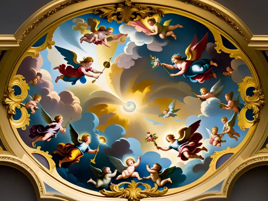 Un impresionante fresco barroco con patrones artísticos en oro, representando una escena celestial de ángeles y querubines