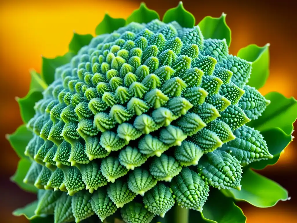 Una impresionante imagen de alta resolución de un vibrante Romanesco, revelando sus patrones fractales en detalle