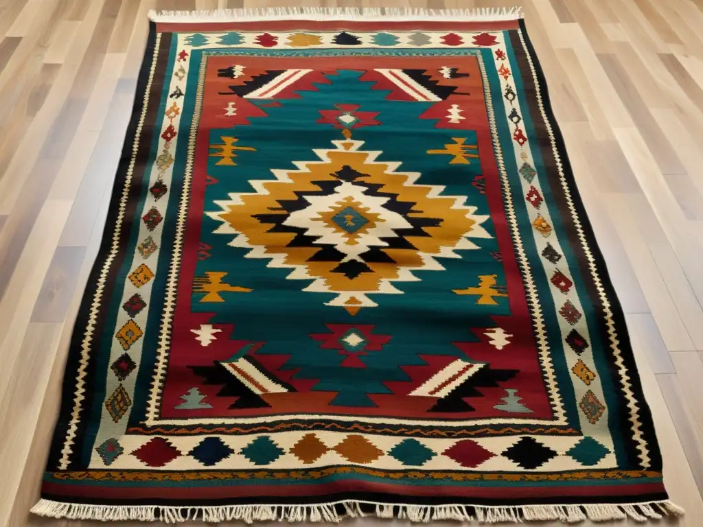 Una impresionante imagen de un kilim anatolio con patrones geométricos tradicionales y tonos terrosos, que destaca su valor en subastas de arte