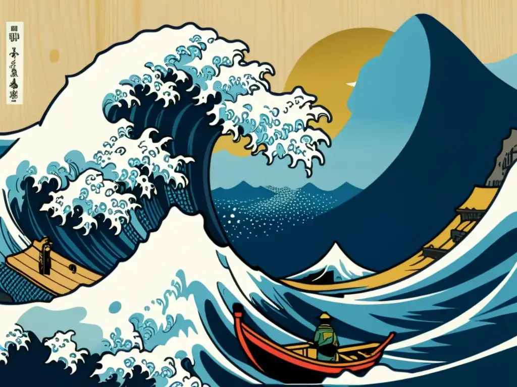 Una impresionante imagen en 8k del icónico grabado en madera Ukiyoe 'La Gran Ola de Kanagawa' de Hokusai