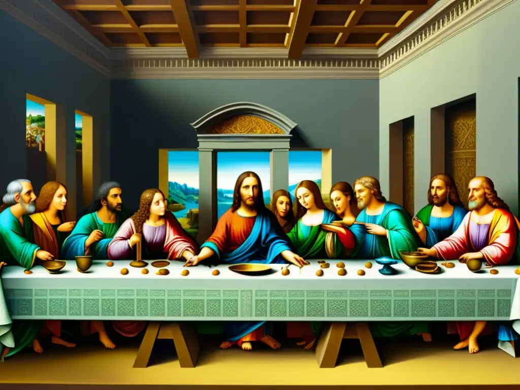 Una impresionante imagen en 8k de 'La Última Cena' de Leonardo da Vinci, resaltando los patrones artísticos renacentistas italianos con un filtro vintage que añade calidez y nostalgia a esta obra maestra icónica