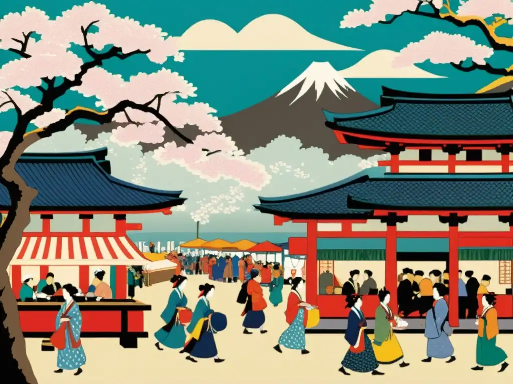 Una impresionante impresión japonesa ukiyoe de un bullicioso mercado antiguo con coloridos estandartes y ropa tradicional