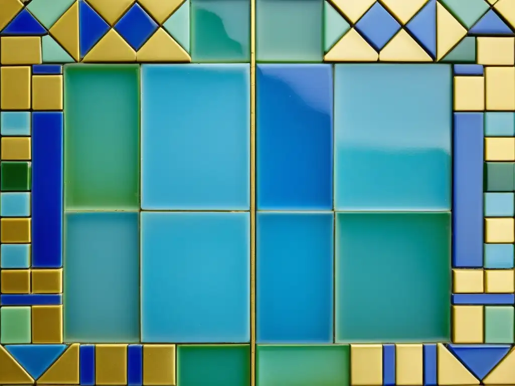 Un impresionante mosaico artístico con patrones visuales en vibrantes tonos de azul, verde y dorado, que reflejan la luz y crean un efecto brillante