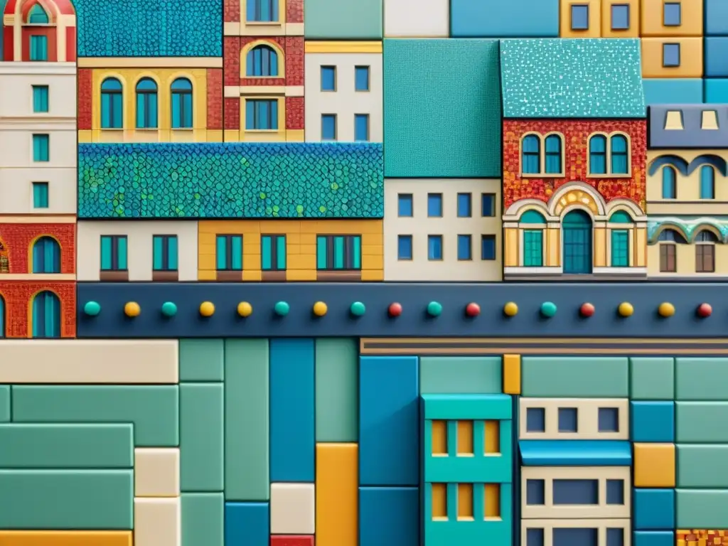 Un impresionante mosaico en 3D con patrones detallados y colores vibrantes que retrata una bulliciosa ciudad