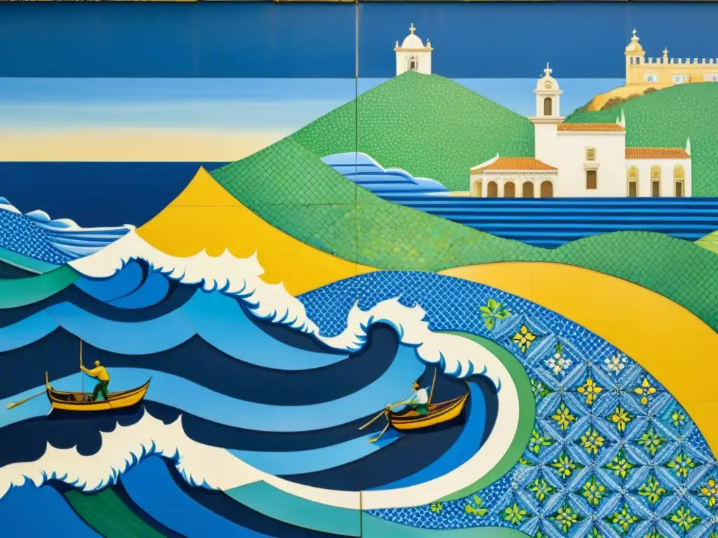 Un impresionante mural de azulejos portugueses tradicionales que retrata la historia de pescadores en un mar de azul intenso