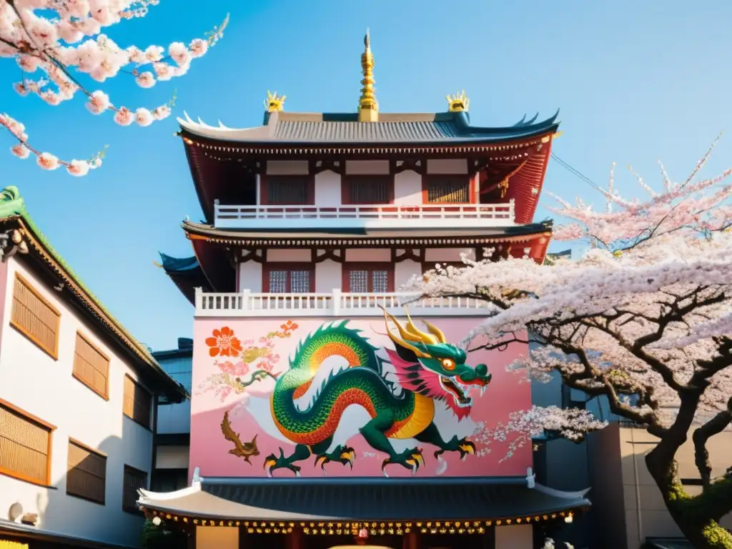 Un impresionante mural de un dragón japonés con cerezos en flor