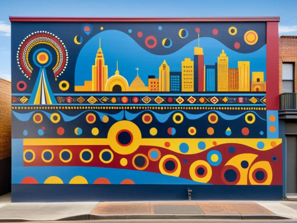 Un impresionante mural urbano de arte aborigen captura la esencia de tradición y modernidad con sus vivos colores y símbolos del tiempo de los sueños