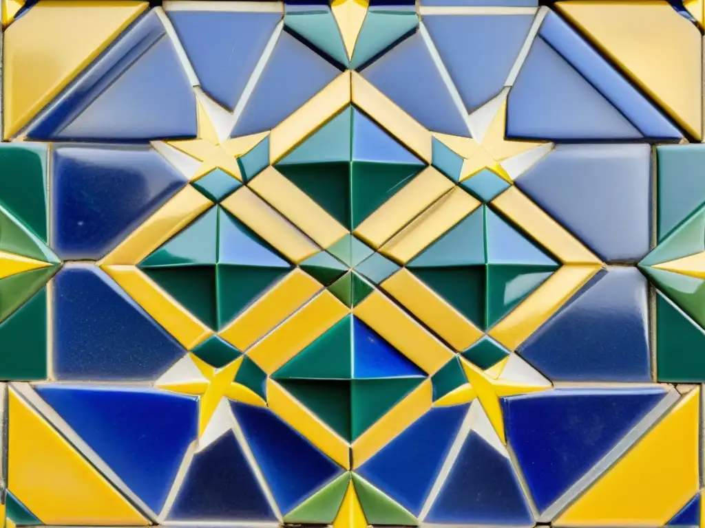 Un impresionante panel de mosaico árabe con intrincados diseños geométricos en tonos vibrantes de azul, verde y amarillo