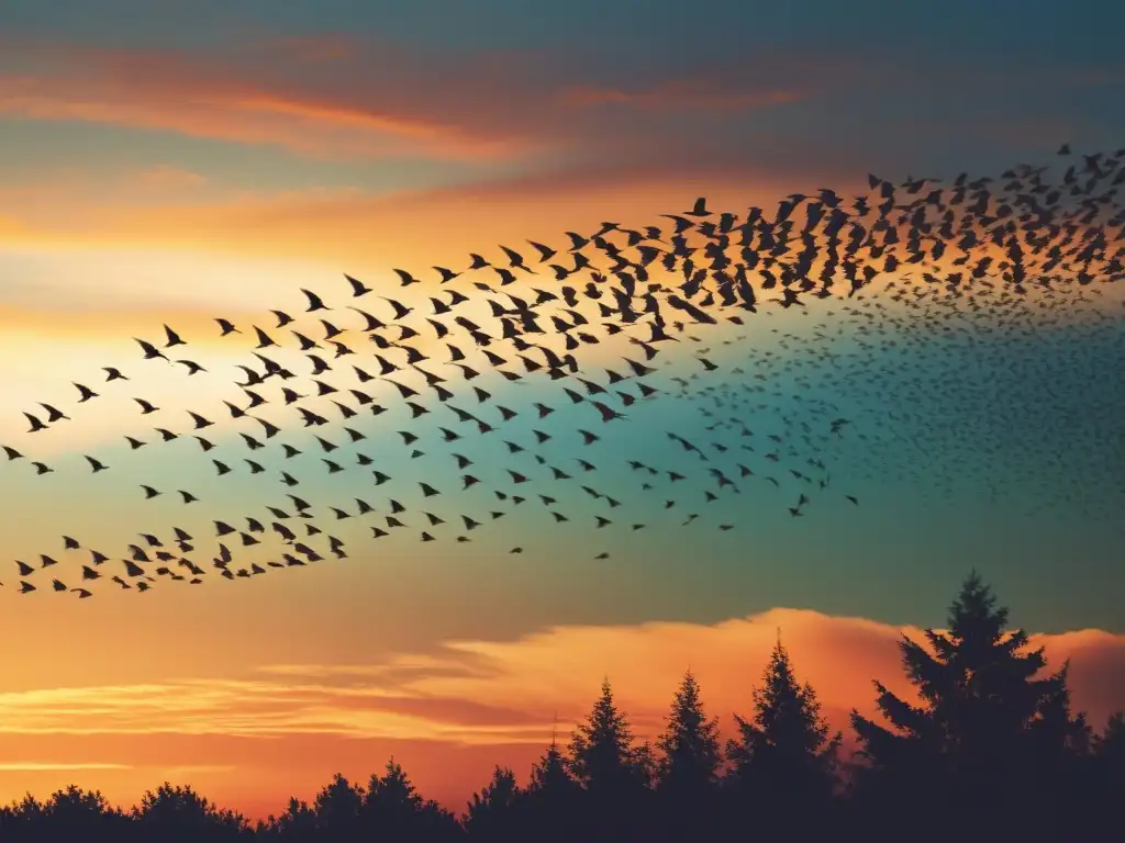 Un impresionante patrón artístico de aves migratorias en vuelo al atardecer, con detalles intrincados y un resplandor iridiscente