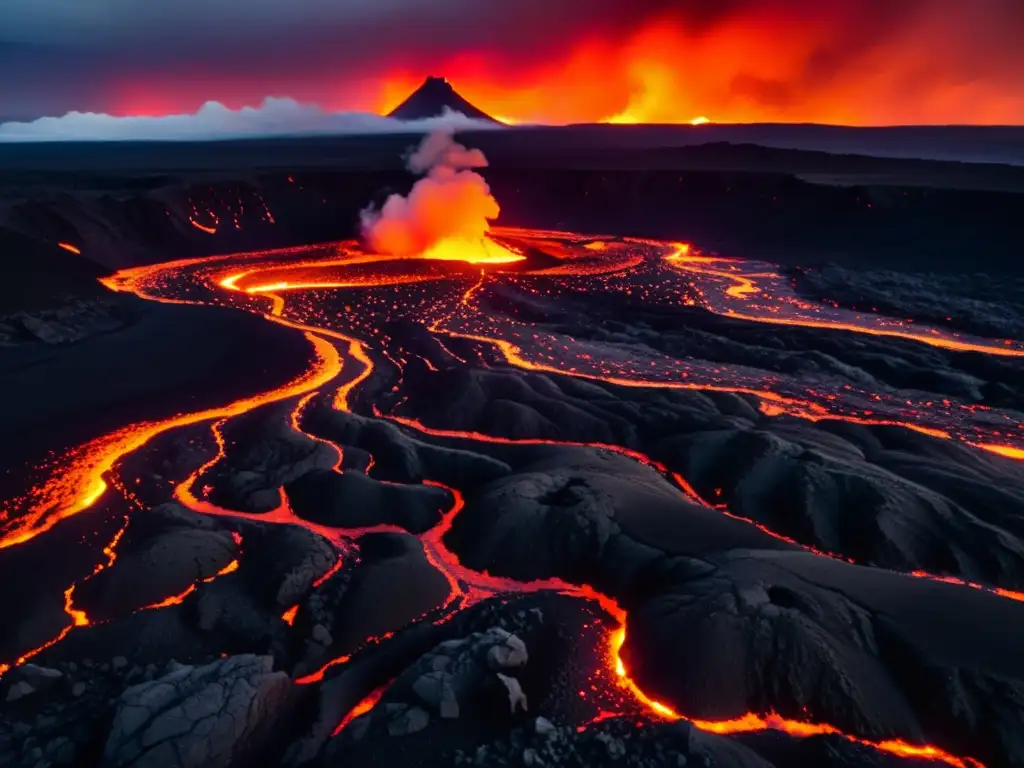 Un impresionante patrón de flujo de lava iluminando la noche con tonos naranjas y rojos vibrantes