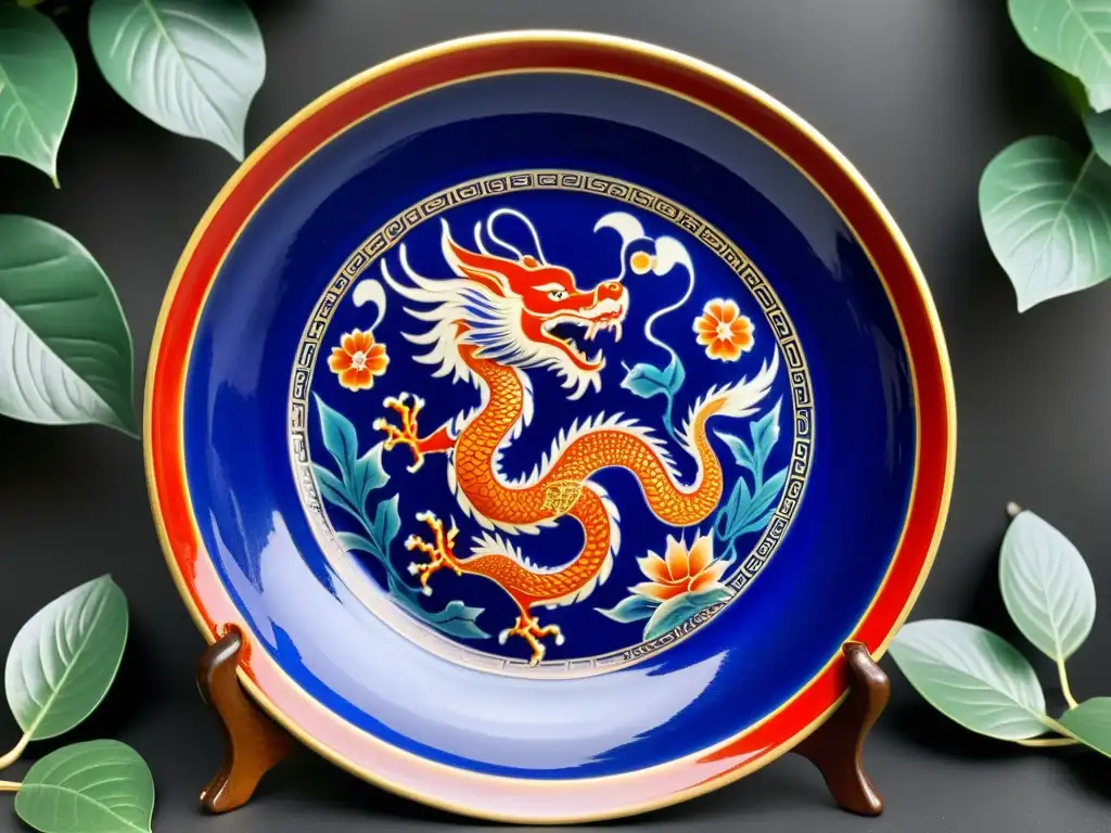 Una impresionante placa de cerámica china vintage con un dragón y fénix en azul cobalto y rojo fuego, enmarcados por motivos florales