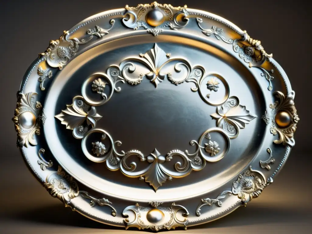 Una impresionante platería barroca muestra patrones ornamentales en un plato de plata, resplandeciendo a la luz de las velas