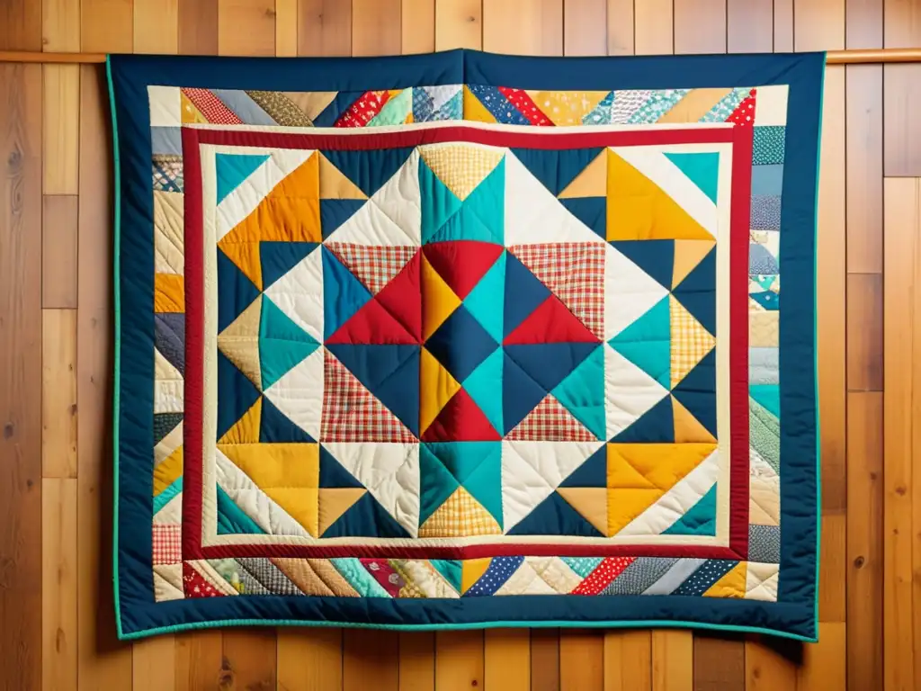 Un impresionante quilt americano con vibrantes patrones y detalles artísticos, fusionando técnicas tradicionales con arte contemporáneo