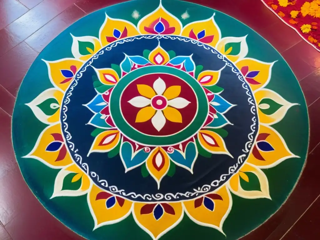 Un impresionante Rangoli con patrones artísticos India geometría sagrada adorna el suelo de una casa tradicional, capturando la riqueza cultural y tradición atemporal de la India