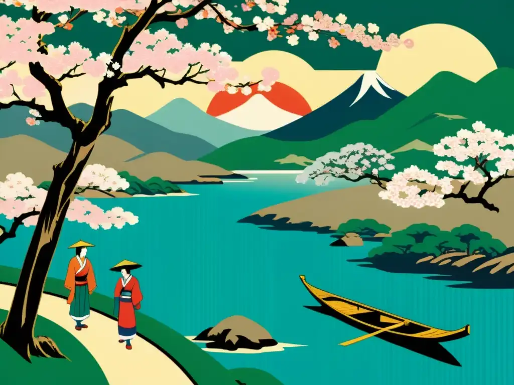 Una impresionante representación en realidad aumentada del arte Ukiyoe japonés, con un paisaje sereno y flores de cerezo en plena floración