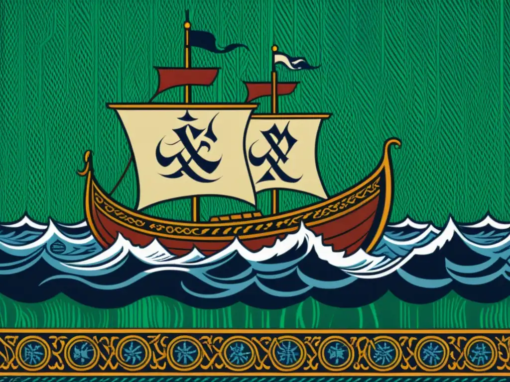 Una impresionante tapestry medieval con patrones vikingos en el arte, mostrando barcos vikingos navegando en mares turbulentos