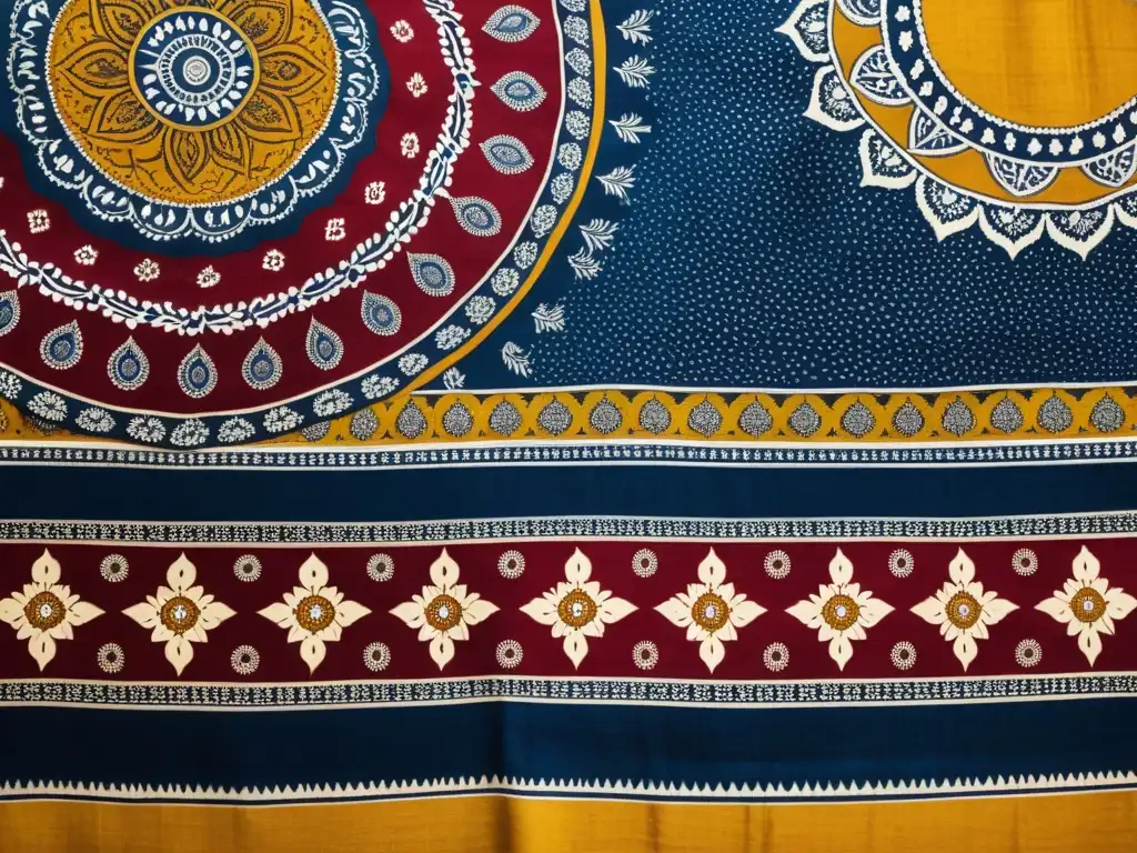 Un impresionante tejido Batik indio con ricos colores rojos, azules y amarillos, adornado con motivos tradicionales