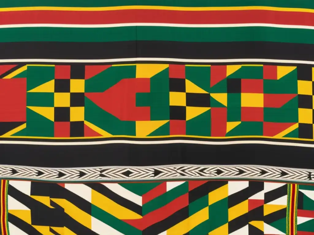 Un impresionante tejido Kente Ashanti de Ghana, con patrones geométricos vibrantes en rojo, dorado, verde y negro