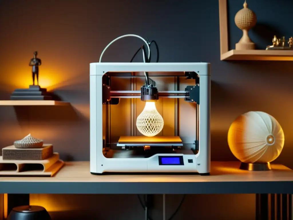 Impresora 3D vintage iluminada: fusión de arte y tecnología Una impresora 3D de estilo vintage crea patrones artísticos en un estudio tenue, rodeada de herramientas y esculturas