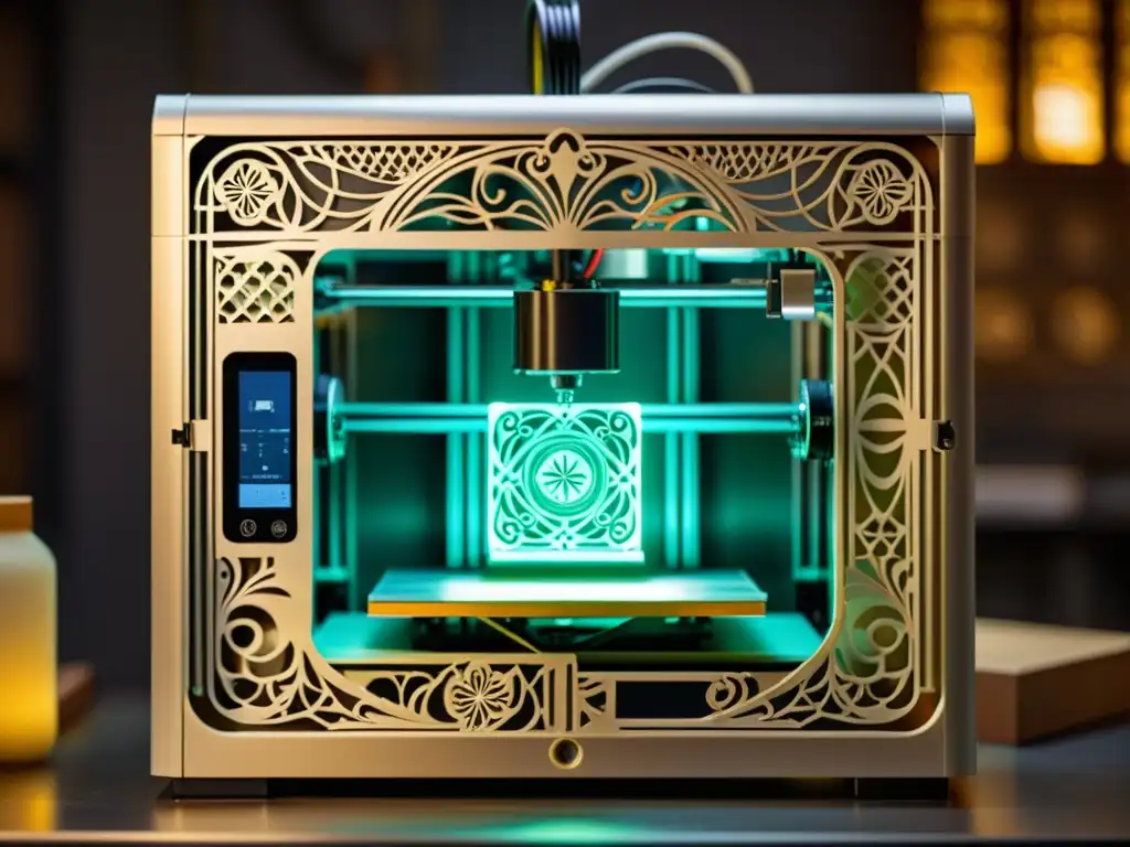 Una impresora 3D vintage crea patrones artísticos en un taller iluminado, evocando la elegancia del estilo art nouveau