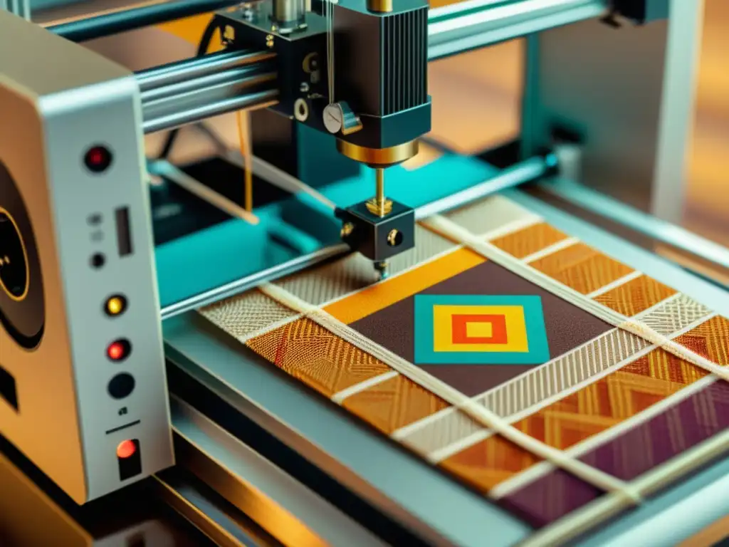 Una impresora 3D teje patrones coloridos en tejido, fusionando innovación y artesanía tradicional en una imagen vintage