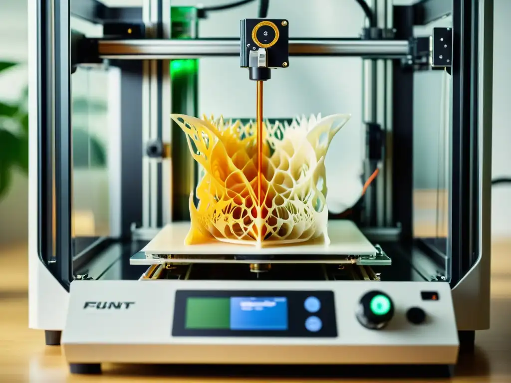 Una impresora 3D de alta resolución crea un diseño biomimético complejo, fusionando tecnología y naturaleza