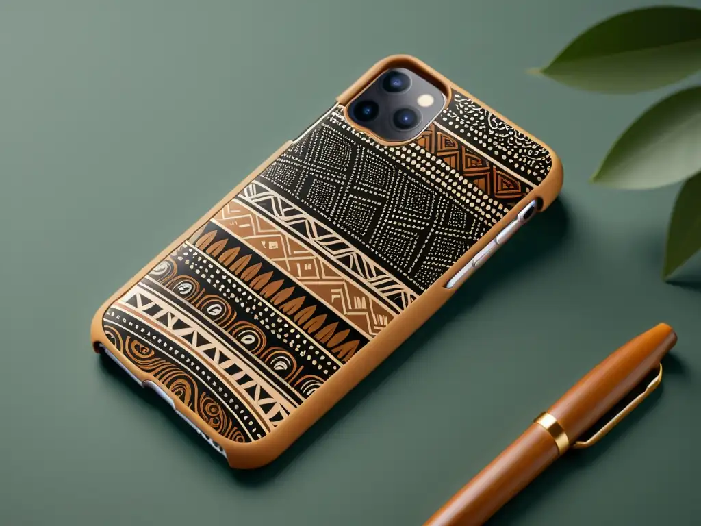 Incorporación de patrones aborígenes en funda de smartphone, fusionando arte indígena con tecnología moderna en tonos terrosos y detalles geométricos