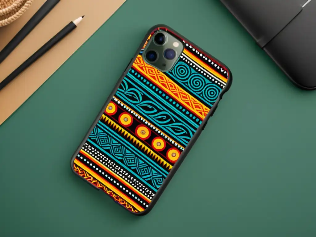 Incorporación de patrones aborígenes en funda moderna de smartphone, fusionando arte tradicional con tecnología contemporánea