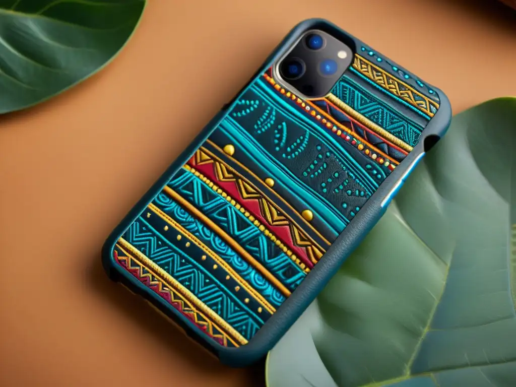 Incorporación de patrones aborígenes en funda de smartphone vintage de cuero con detalles intrincados y colores vibrantes