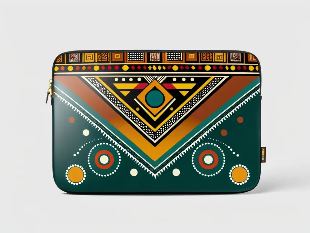 Incorporación de patrones aborígenes en funda vintage de laptop, fusionando arte tradicional con diseño contemporáneo