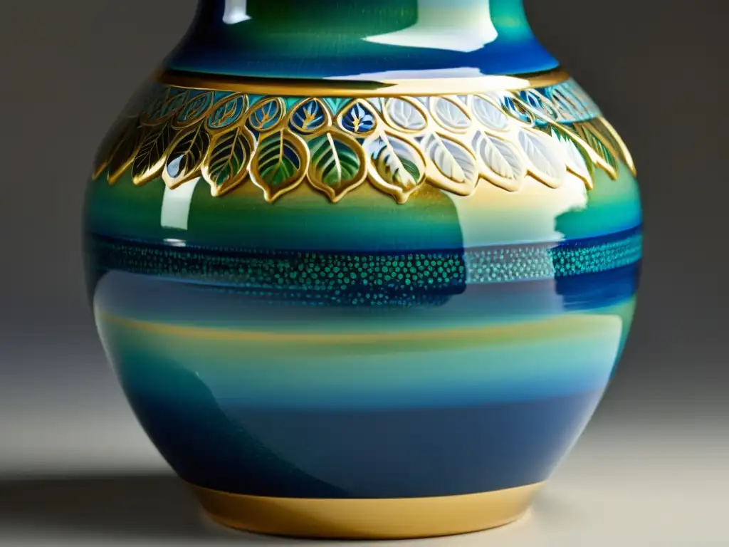 Vaso de cerámica vintage con detallados patrones florales pintados a mano en tonos vibrantes Increíble artesanía en un jarrón cerámico vintage con exquisitos detalles florales pintados a mano en tonos vibrantes de azul, verde y dorado