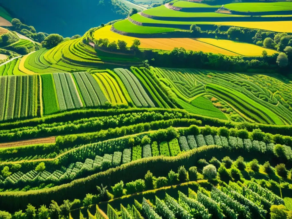 Increíble influencia de patrones en agricultura: terrazas verdes con cultivos, montañas de fondo y luz solar creando sombras largas