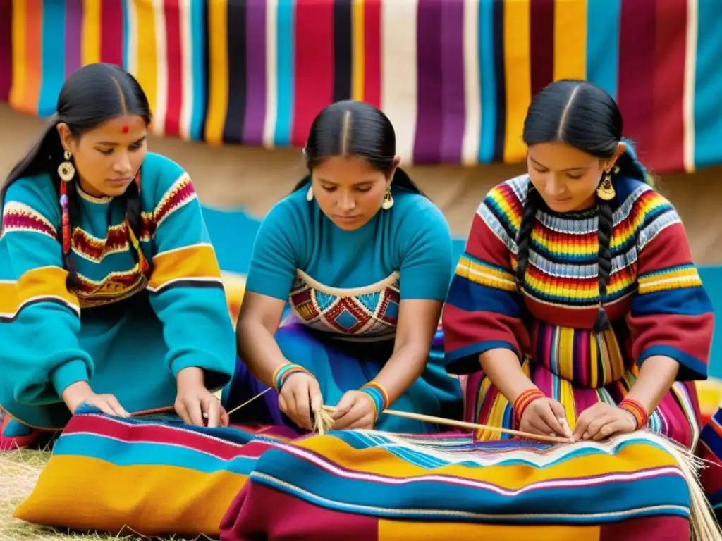 Indígenas tejiendo patrones textiles festival Inti Raymi, rodeadas de coloridas tinturas y lanas, en un vibrante paisaje andino