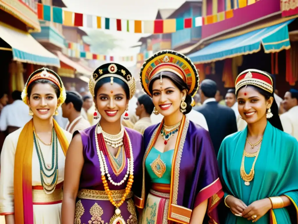 Influencia cultural en patrones de moda: Una escena vibrante y bulliciosa de un festival tradicional capturada en una fotografía vintage