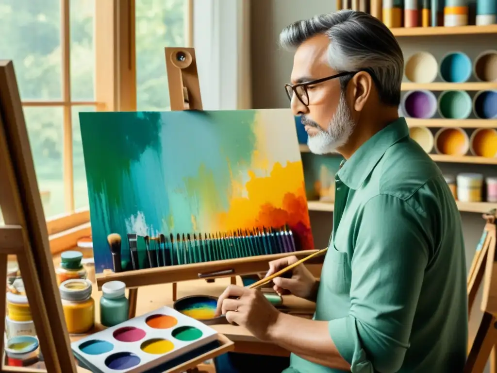 Influencia del diseño digital en el arte tradicional: Pintor crea obra colorida en estudio vintage con paleta de colores y pinceles