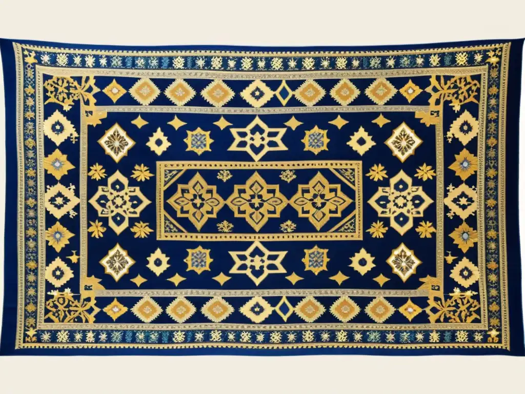 Influencia islámica en decoración europea: Tapiz vintage ornamental con motivos islámicos y europeos entrelazados en hilos dorados y azules