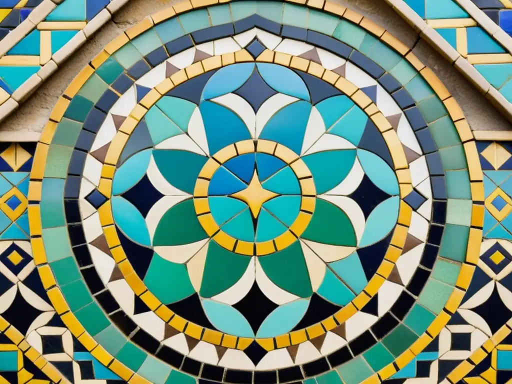 Influencia del mosaico árabe: Fotografía vintage de un detallado mosaico árabe con vibrantes colores y patrones geométricos, sobre piedra antigua