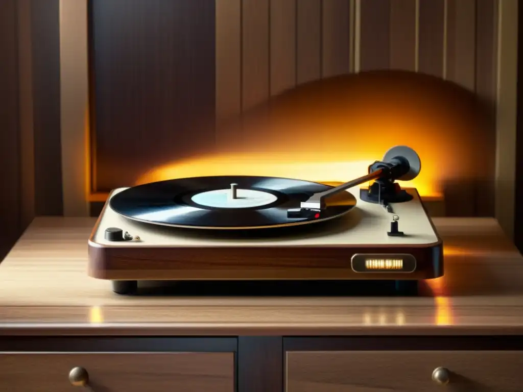 Influencia musical en patrones de diseño: Un tocadiscos vintage con un vinilo girando, iluminado por una suave luz cálida