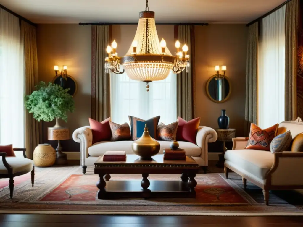 Influencia oriental en decoración europea: Salón vintage con patrones inspirados en kilim, muebles antiguos y cálida iluminación