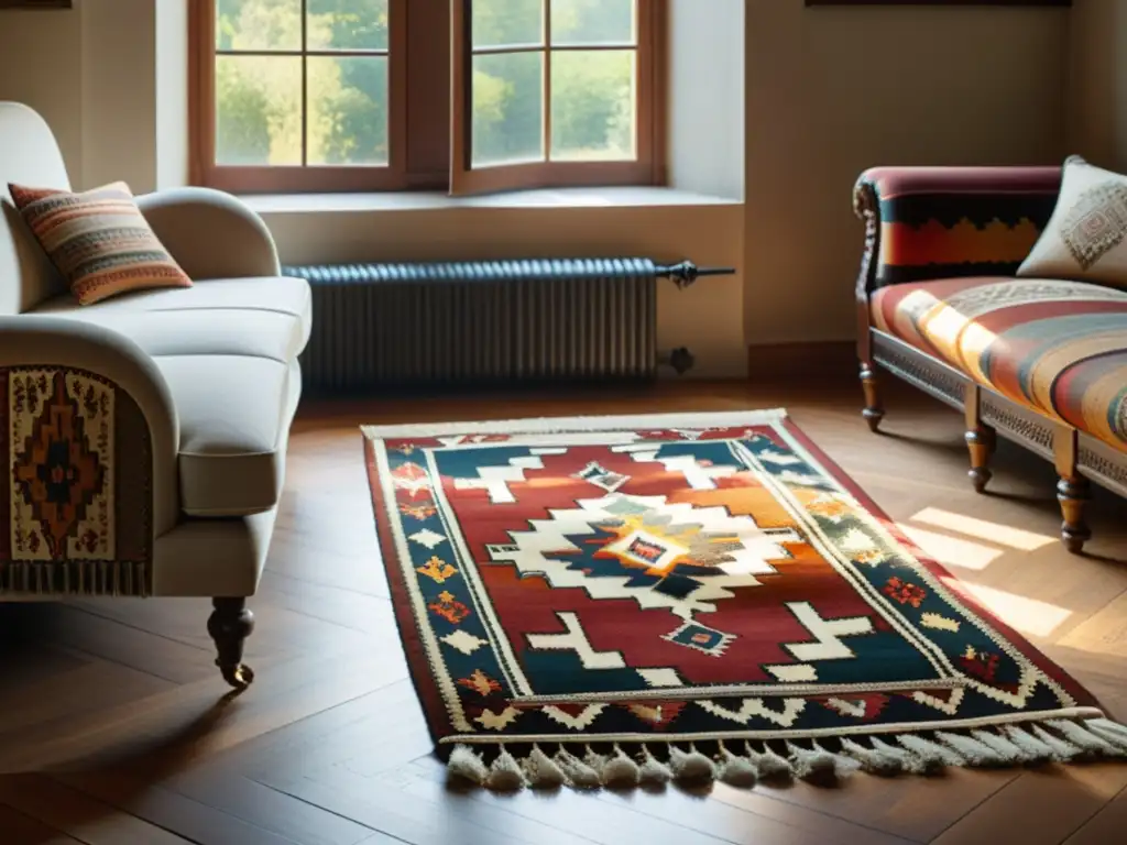 Influencia oriental en decoración europea: Sala vintage con kilim de diseño geométrico y muebles ornamentados, bañada por la luz del sol