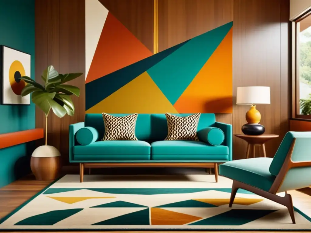 Influencia de patrones abstractos en modernidad: Sala de estar moderna de mediados de siglo con patrones geométricos y colores retro vibrantes