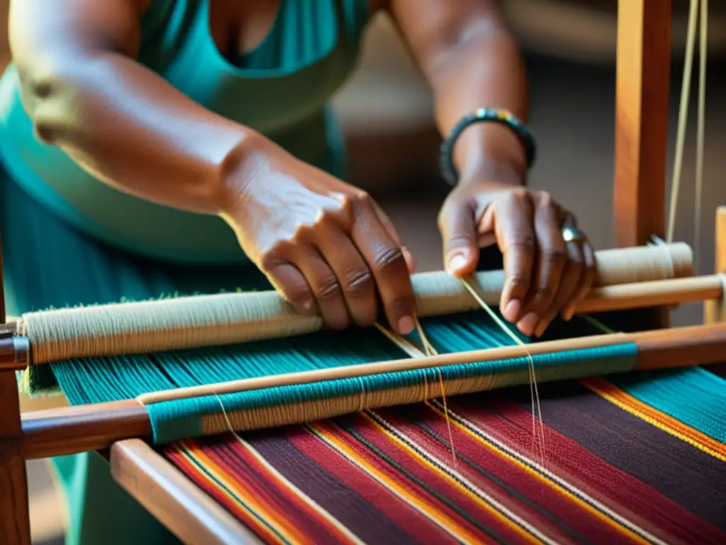 Influencia de patrones ancestrales modernizados capturada en la hábil elaboración de un textil tradicional por manos indígenas en telar de madera