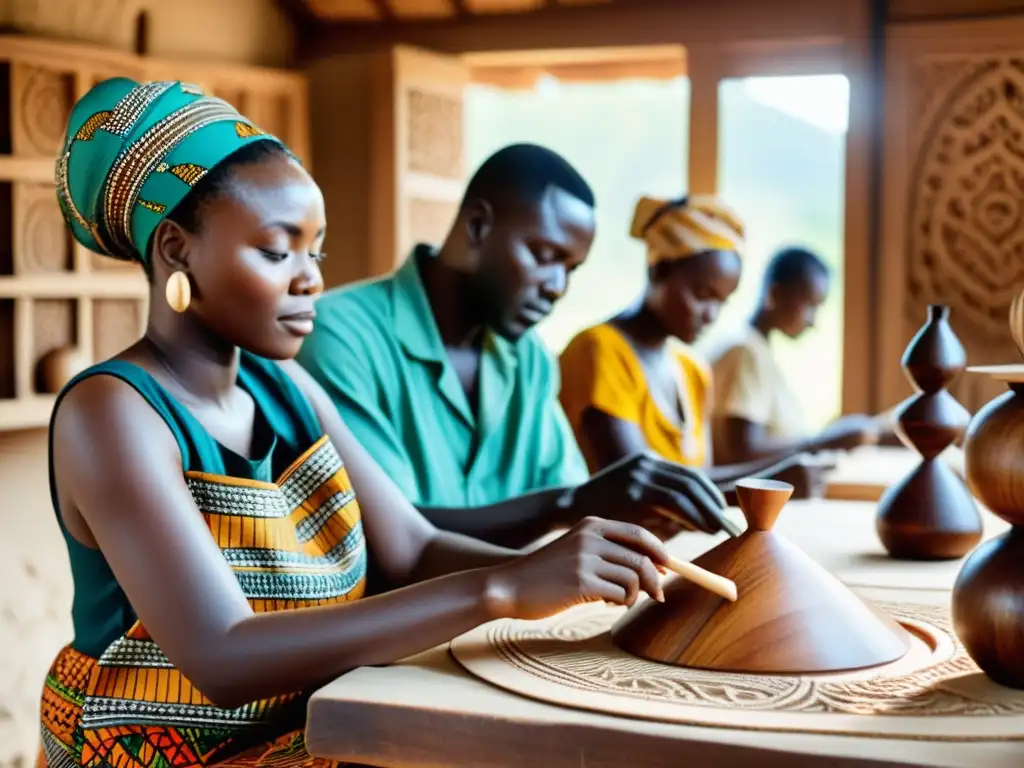 Influencia de los patrones artísticos africanos: Artesanos africanos tallando esculturas de madera con luz natural y vibrantes textiles